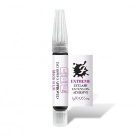 UK-made FairyFix Extreme black eyelash extension glue sample 1g with medium viscosity, 1–2 second setting time and extra-strong retention for classic, flat and fan lashes