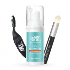 LashArt Lash Extension Cleansing Foam Shampoo Kit shown with cleansing brush, designed for professional lash preparation and pH-balanced cleaning before adhesive application.