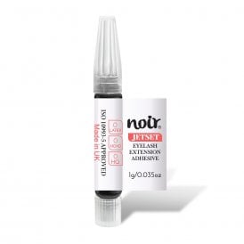 UK-made Noir JetSet black eyelash extension glue sample 1g with ultra-fast 0.5–1 second setting time and thin viscosity for volume, easy fan and premade fan lashes